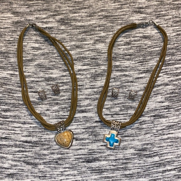 Vintage Faux-Turquoise Heart Cross Brown Cord Necklace and Earrings Sets - Picture 2 of 13